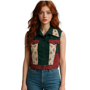 Unique Handmade Vintage-Inspired Patchwork Vest Women L Green Floral Cottagecore